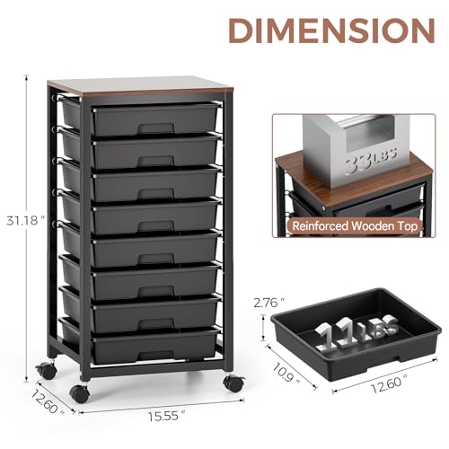 SYKIARIOL Rolling Storage Cart with Drawers,Utility Cart With 8 Drawers and Wooden Tabletop,Rolling Drawer Cart,Storage Drawer Cart for Living Room,Classroom,Bedroom,Bathroom,Dorm,Office, Black - color: Black