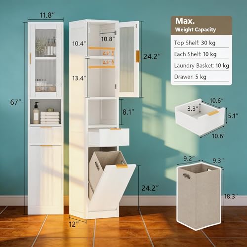 Einhomn 67" Tall Bathroom Storage Cabinet with Removable Laundry Basket & Shelf, Narrow Bathroom Cabinet Storage with Glass Door and Drawer, for Bathroom, Living Room, Entryway, Kitchen, White