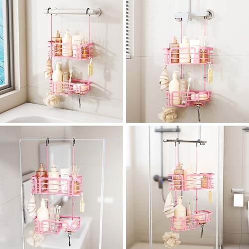SWTYMIKI Shower Caddy Hanging Organizer - Over the Door Shower Caddy with Soap Holder, 11 Hooks, 2 Installation Ways, Stainless Steel Rustproof Bathroom Organizer, Pink - color: Pink