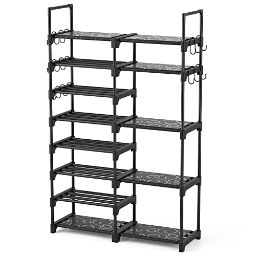 ROJASOP Shoe Rack Organizer, 8-Tier Metal Shoe Rack for Closet Entryway Garage, 26-32 Pairs Tall Shoe Boot Storage Shelf with 15 Hooks, Stackable Large Shoe Stand - color: Black