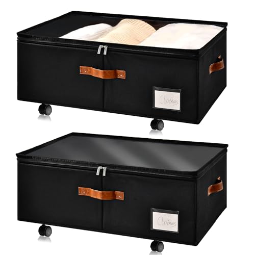 Freebat Under Bed Storage Organizer with Wheels, Underbed Container with Clear Lid Cover, Storage Bag Box with Visiable Window for Clothes, Bedsheet, Pillow, 2 Pack - size: 10 Inch