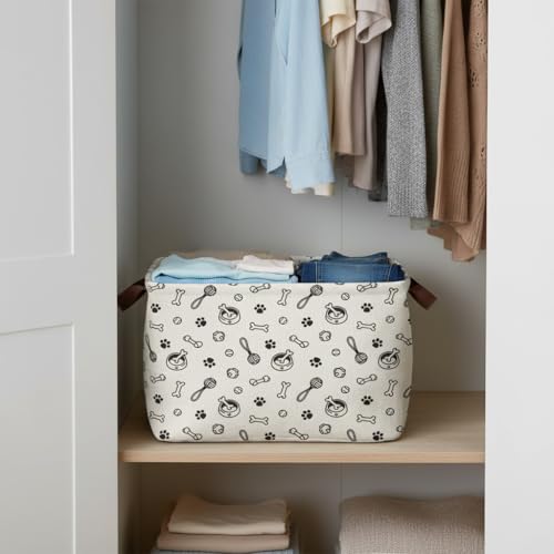 Dog Paw Storage Basket Waterproof Canvas Toy Storage Bin Storage Organizer Collapsible Outdoor Basket with Leather Handles Dog Toy Bin Blanket Baskets For Closets,Bedrooms,Gifts Baskets - color: Dog Paw