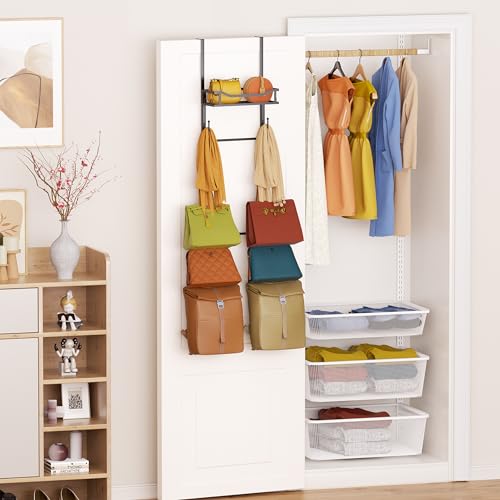 SWTYMIKI Over The Door Purse Organizer - Wall Mounted Purse Rack with 10 Hooks and Metal Basket, Handbag Hanger Organizer Holds up to 10 Bags, Bag Rack Can Use As 1/2 Part, for Door, Closet - color: Black, size: 6-Tier
