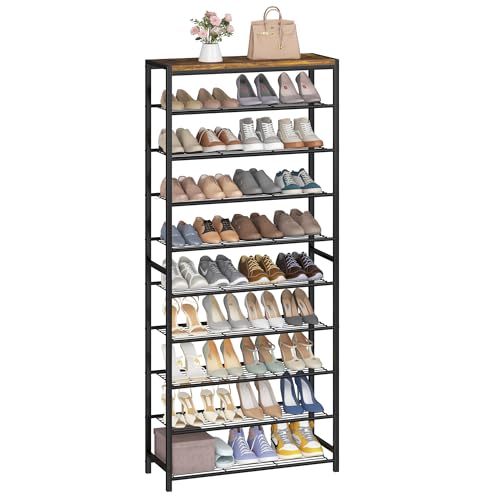 HOMEFORT 10 Tiers Shoe Rack Organizer,30" Shoe Storage Shelf for Closet, Shoe Rack for Entryway,Holds 36-40 Pairs of Shoe, Tall Shoe Stand with Metal Shelves and MDF Top Board,Rustic Brown - color: Rustic Brown, size: 10-Tier (11.8"D x 30"W x 70.47"H)