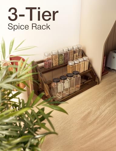 Tinamo Acacia Wood Spice Rack - Wooden 3-Tier Spice Rack Organizer for Countertop or Cabinet – Kitchen Spice Organizer and Seasoning Organizer Shelf (Walnut) - color: Walnut