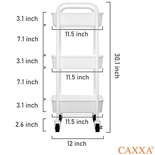 CAXXA 3-Tier Rolling Metal Storage Organizer - Mobile Utility Cart Kitchen Cart with Caster Wheels, White - color: White