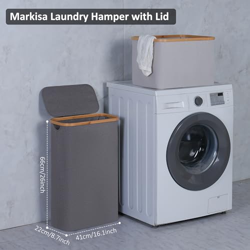 Slim Laundry Basket,60L Laundry Hamper with Lid, Tall Hamper for Laundry,Dirty Cloth Hamper with Bamboo Handle for Towels, Clothes Organizing,Grey - color: Grey, size: 60L Slim