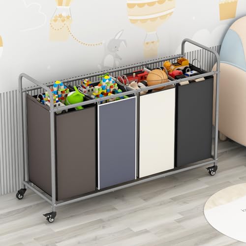 Laundry Sorter 4 Section Hamper Sorter with Heavy Duty Lockable Rolling Wheels Removable Bags Basket Separator for Dirty Clothes Storage, Assorted - size: 4 Bags Assorted