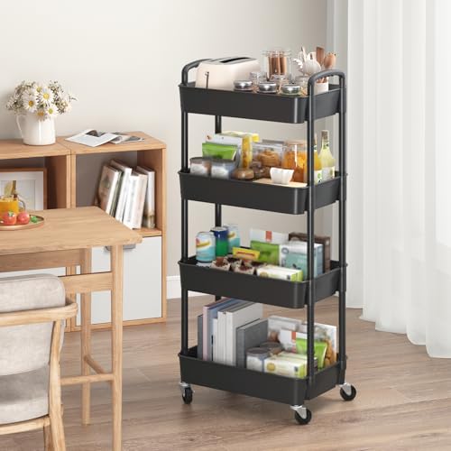 Sywhitta 4-Tier Plastic Rolling Utility Cart with Handle, Multi-Functional Storage Trolley for Office, Living Room, Kitchen, Movable Storage Organizer with Wheels, Black - color: Black, size: 4-tier