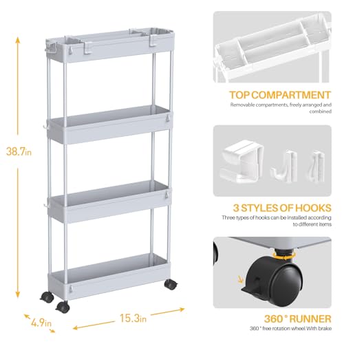 SPACELEAD Slim Storage Cart 4 Tier,Bathroom Organizer Rolling Utility,Mobile Shelving Unit Slide Out for Office, Kitchen, Laundry Room & Narrow Places,Gray - color: Grey