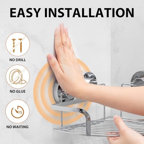 LEVERLOC 2 Pack Powerful Suction Cup Corner Shower Caddy, Stainless Steel Rustproof Shower Shelf with Hooks, Drill-Free Wall Mounted Bathroom Organizer, Large Capacity Removable Suction Basket, Silver - style: Corner Caddy, Silver