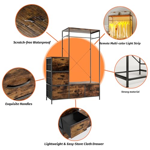 Clothing Rack with Fabric Drawers & LED Lights, 39.4W*57H Dresser with Hanging Rack, Free Standing Wardrobe Closet with Shelves, Closet Organizer with Drawers for Bedroom, Small Space, Apartment - color: Brown