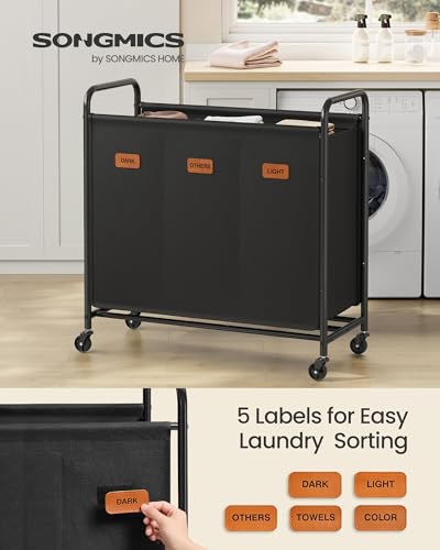 SONGMICS 3-Section Laundry Sorter, Laundry Hamper with Wheels, Rolling Clothes Hamper Cart with Large Capacity and Removable Bags, for Laundry Room, Bedroom, Bathroom, Ink Black URLS330B01 - color: Ink Black, size: 170 L