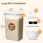 ComSaf Rice Container Set of 2(9.5L/10Qt), Large Airtight Food Storage Containers with Lid and Rice Washer, Plastic Canisters Sets for The Kitchen, Pantry Organizers for Flour, Cereal and Cooking - size: 10Qt-Rectangle