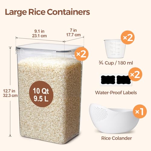 ComSaf Rice Container Set of 2(9.5L/10Qt), Large Airtight Food Storage Containers with Lid and Rice Washer, Plastic Canisters Sets for The Kitchen, Pantry Organizers for Flour, Cereal and Cooking - size: 10Qt-Rectangle