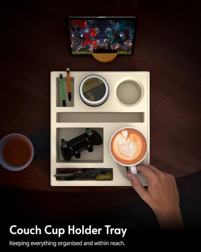 Couch Cup Holder Tray - Couch Organizer Caddy, Silicone Beach Caddy with Cup Holder, Sofa and Bed Drink Holder and Couch Tray Table for Snacks Beverage Remote (Beige) - color: Beige