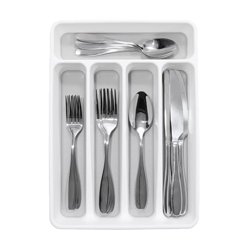 madesmart Small Silverware Tray, Compact 5 Compartment Flatware Organizer for Forks, Knives & Spoons, Non Slip, Soft Grip Lining, Fits Small Drawers, White