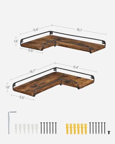 VASAGLE Corner Shelf Wall Mount Set of 2, Floating Shelves, Small Wall Shelf for Decor Storage, for Living Room Bedroom Kitchen Bathroom, Rustic Brown and Black ULLS831B01 - color: Rustic Brown + Black