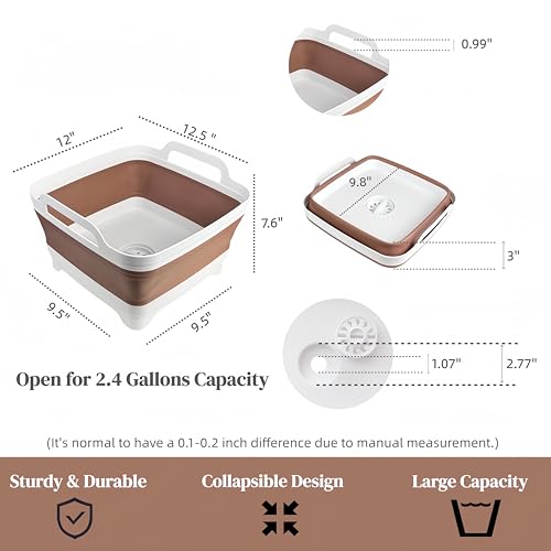 GIMWA Collapsible Wash Basin for Baby Bottles - 2.4 Gallons Portable Wash Bin for RV Camping Sink, Space-Saving Dish Tub (Mocha) - color: Mocha