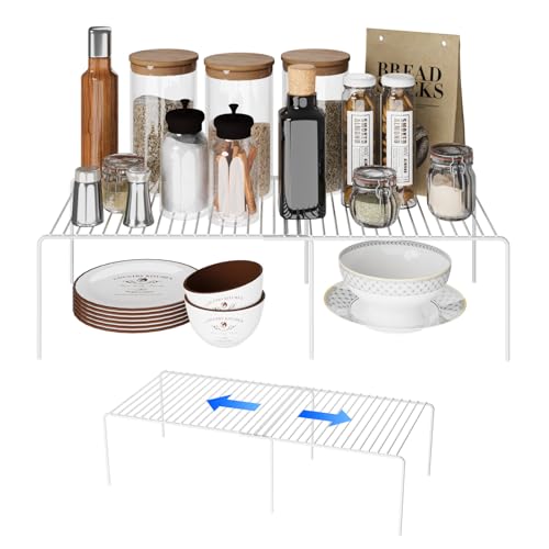 Expandable Storage Shelf, Pantry Organizers and Storage, Adjustable Rustproof Metal Wire Spice Rack, Space Saver Kitchen Storage Shelves for Pan, Pot, Countertop, Drawer, Fridge, Set of 2, White - size: 2Pack-White-13.5-23 x 10 inch
