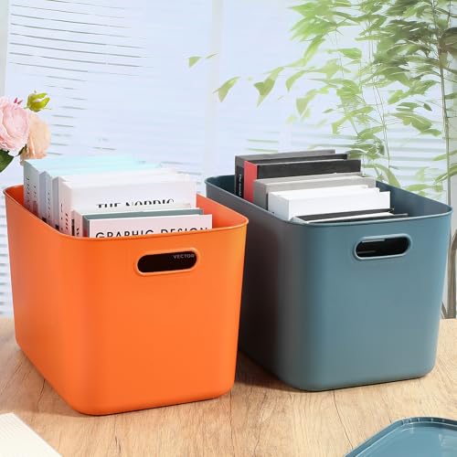 Hoolerry 8 Pieces Colorful Storage Bins with Lid, Plastic Storage Basket Organizing Container Stackable Box with Handle for Shelves Desktop Playroom Office(14.2 x 10.2 x 9.5 Inch,Blue and Orange) - color: Blue and Orange, size: 14.2 x 10.2 x 9.5 Inch