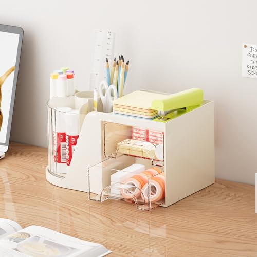 Marbrasse Desk Organizer with 2 Drawer, 360°Rotating Pen Holder, Desk Organizers and Accessories with 6 Slots Pencil Organizer + 2 Drawer, Art Supply Storage Box Caddy for Office (Beige) - color: Beige