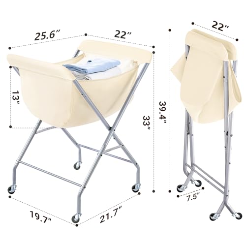 ELYKEN Laundry Cart with Wheels, 33”H Easy Rolling Laundry Hamper with Removable Liner Bag, Sturdy Metal Frame Clothes Basket with 4 Casters and 2 Brakes - color: Creamy, size: 25.6"L x 22"W x 33"H