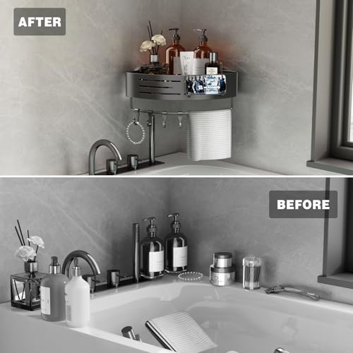 Voldra 2 Pack Corner Shower Shelves, Aluminum Stick On Showers Organizer, Modern Style, Triangular Corner Shelf, No Drilling Required - style: Adhesive Strip Triangle-2 Pack