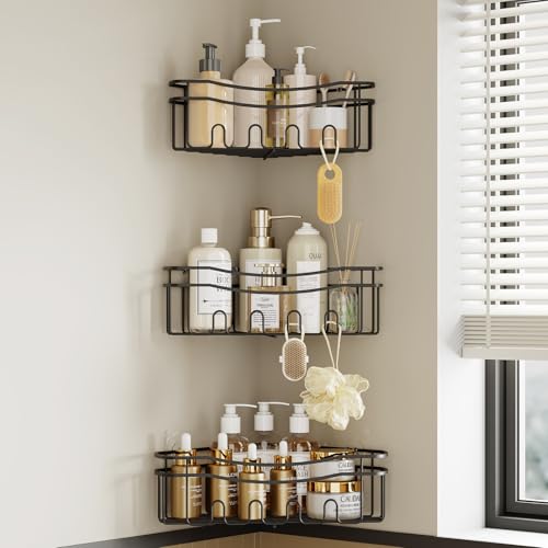 Black corner shower caddy with depth caddy and Built in 12 hooks rustproof wall mounted No drilling No marring adhesive bathtub corner storage for bathroom kitchen and laudry room - color: BLACK