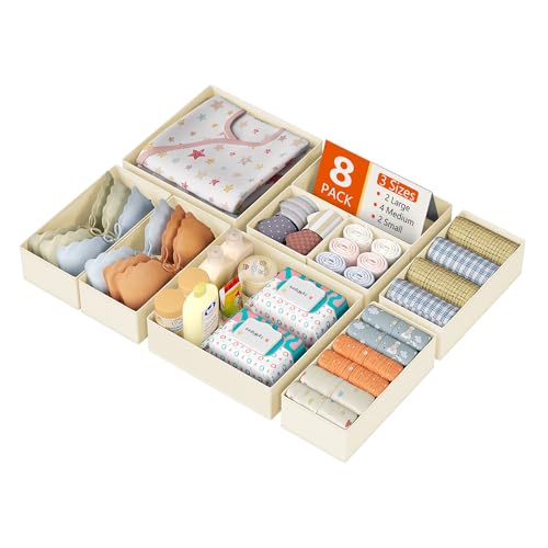 DIMJ Drawer Organizer Clothes, 8 Pack Dresser Organizer, Foldable Closet Organizers and Storage, Fabric Dresser Bins, Drawer Dividers for Nursery, Baby Clothes, Underwears, Sock (Beige) - color: Beige, size: 8 Pack