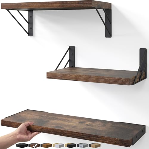 BAYKA Wall Shelves for Bedroom Decor, Floating Shelves for Wall, Display Mounted Rustic Wood Shelf for Books,Plants,Corner Shelves for Bathroom,Kitchen,Living Room(Rustic Brown,Set of 3) - color: C. Rustic Brown Board & Black Brackets, size: 16-inch Mixed