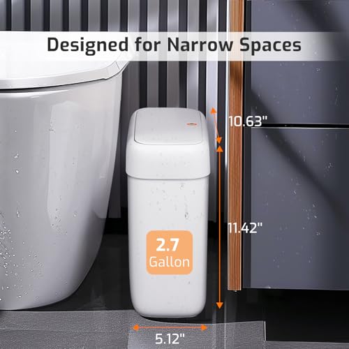 MOPALL Small Bathroom Trash Can with Lid, 2.6 Gallons / 10 L Slim Plastic Garbage Bin with Pop-Up Lid, Mini Waste Basket Can Dog Proof for Kitchen, Bedroom, Office, Laundry, Toilet, Rv, White - size: 2.6 Gallon