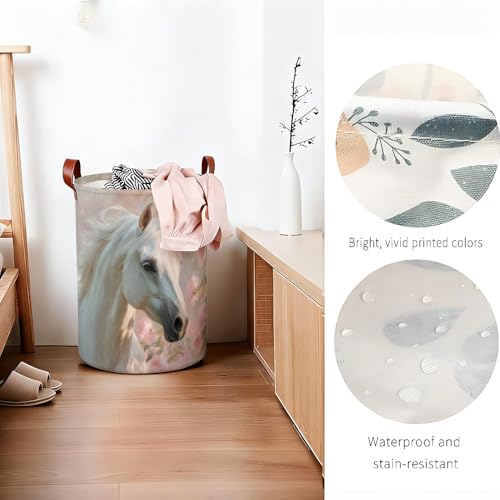 Horse Lover Laundry Hamper Foldable Oxford Fabric Laundry Basket with White Horse Floral Art 15.75 x 19.7 Inch Dirty Clothes Bin with Handles for Bedroom Nursery Dorm Laundry Room - color: Colorful591
