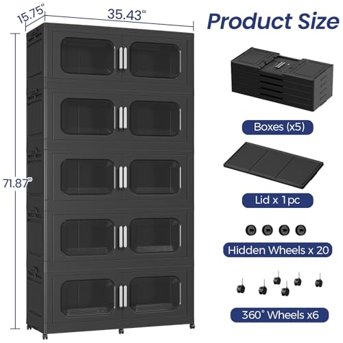 250Gal Extra Large Stackable Storage Bins with Lid & Wheels & Doors, 200QT/50GAL 5-Tiers Collapsible Closet Organizers Plastic Containers Drawers Boxes for Home Kitchen Bedroom, Black - color: Black, size: 50Gal-5Pack