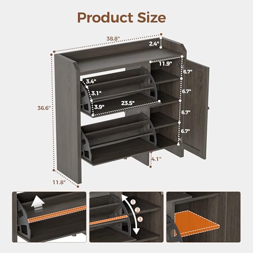 Mericonia Shoe Cabinet Storage for Entryway with 2 Flip Drawers(3-Tier), Rattan Freestanding with Door & 3 Adjustable Shelve,Hidden Shoe Rack Organizer for Hallway, Foyer - color: Black, size: Flip Drawers 2 & Door 1