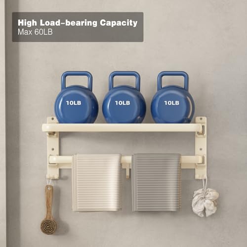 VOLDRA Towel Racks for Bathroom, 24-Inch Towel Shelf with Towel Bar Foldable Towel Holder with 7 Hooks Towel Storage Organizer for Bathroom & Lavatory Wall Mounted(Cream White) - color: Milky White, size: Extra 1 towel bar