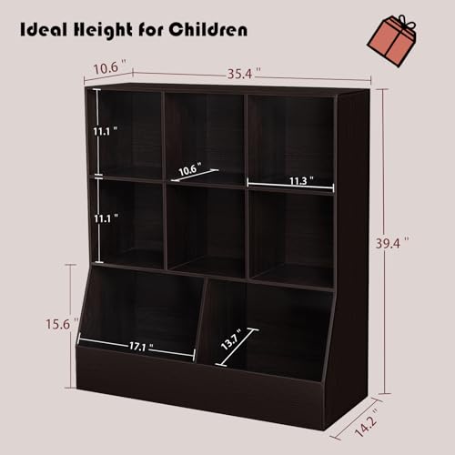 DINZI LVJ Toy Storage Organizer, Kids Bookshelf, Wood Toy Storage Cabinet, 3-Tier 8 Cubby Children Bookcase, 35.4" L Toddler Book Shelf for Playroom, Living Room, Nursery, Hallway, School, Espresso - color: Espresso, size: 3-Tier 35.4"