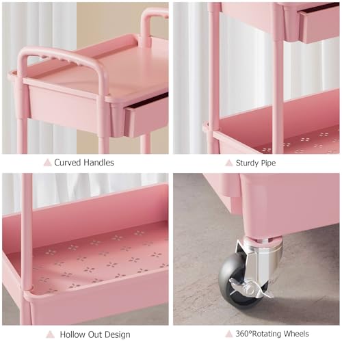 3 Tier Rolling Utility Cart with Drawer, Plastic Storage Organizer Rolling Carts with Wheels Handles Hanging Cups Hooks for Office, Bathroom, Kitchen,Craft Art Room (Pink) - color: Pink, size: 3-Tier