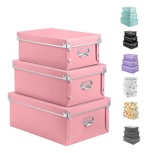 XUCHUN Storage Box with Lid 3 Pack, Collapsible Plastic Storage Bins with Lids, Stackable Foldable Keepsake Box for Photos Office Bedroom, 3 Sizes - Pink - color: Pink