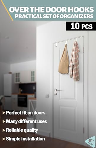 Menz Set of 10 Over The Door Hooks - White Coat Hanger, 2-Sided Towel Holder fits 1 3/8" & 1 3/4" - Hooks for Hanging with Anti-Scratch Felt Pads, Wreath Hanger with Removable Sticky Non-Slip Dots - color: White