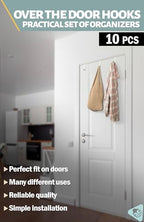 Menz Set of 10 Over The Door Hooks - White Coat Hanger, 2-Sided Towel Holder fits 1 3/8" & 1 3/4" - Hooks for Hanging with Anti-Scratch Felt Pads, Wreath Hanger with Removable Sticky Non-Slip Dots - color: White