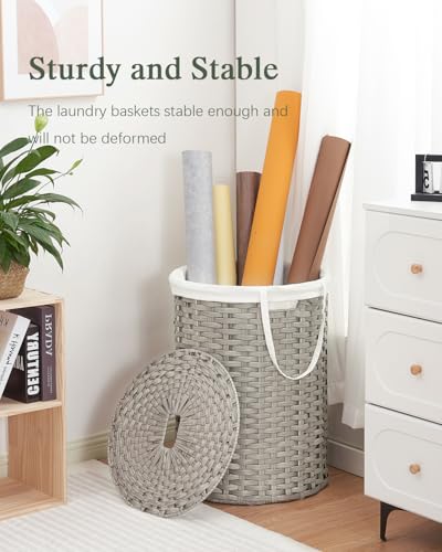 SETVSON Laundry Basket with Lid Round Rattan Laundry Hamper with Lid and Handles 29.1 Gal (110 L) Handwoven Woven Basket with Removable Bags and 2 Mesh Bags for Bathroom Living Room Gray - color: Gray, size: 110L