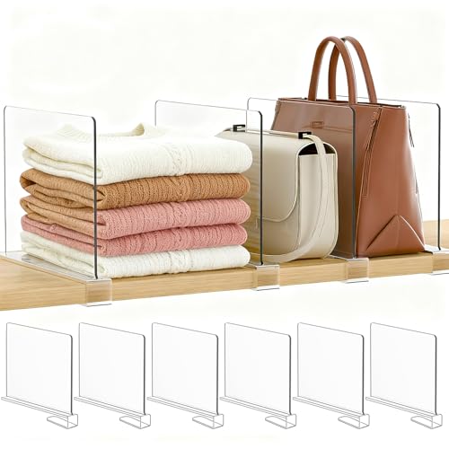 Purse Organizer for Closet Shelf Dividers: 6-Pack Adjustable Clear Acrylic Bag Storage Organizer for Handbags, Sweaters, Towels, Jeans and Shoes on Wood Shelves - color: Clear:6-pack, size: Standard: 8" Tall x 12" Deep