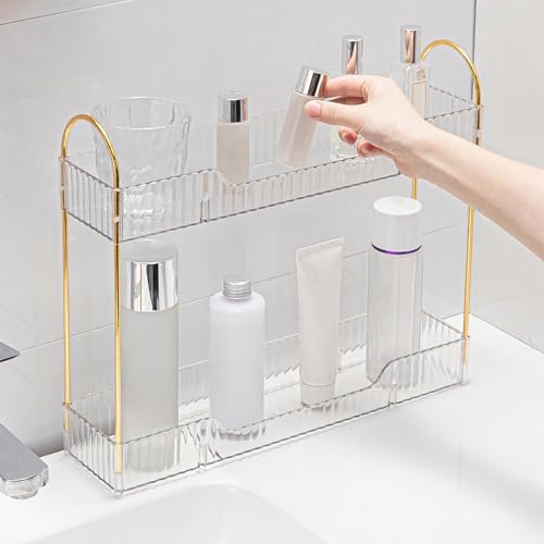 YCIA&DONE 2 Tiers Narrow Vanity Makeup Organizer, Bathroom Organizer Countertop Slim, Perfume Holder Skincare Storage Cosmetic Shelf Spice Rack, for Small Desktop Space, White Clear - color: White Clear