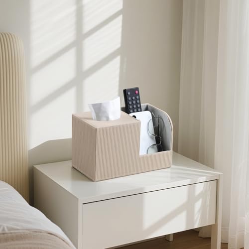 Square Tissue Box Cover with 2 Compartments Storage Organizer, PU Leather Tissue Box Holder with Remote Control Holder for Livingroom Nightstand, Multifunctional Cube Tissue Holder (Beige) - color: Beige