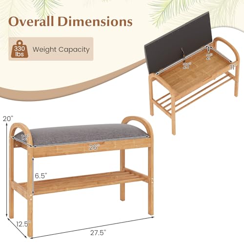 Giantex Shoe Bench with Flip-Top Storage, Bamboo 2-Tier Entryway Bench with Padded Cushion, Shoe Rack Bench for Hallway, Closet, Foyer, Living Room, Bedroom, Mudroom (with Flip-Top Storage) - size: 12.5"D x 27.5"W x 20"H（With Flip-Top Storage）