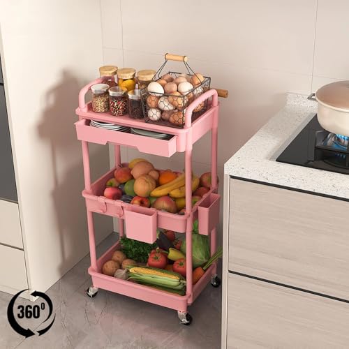 3 Tier Rolling Utility Cart with Drawer, Plastic Storage Organizer Rolling Carts with Wheels Handles Hanging Cups Hooks for Office, Bathroom, Kitchen,Craft Art Room (Pink) - color: Pink, size: 3-Tier