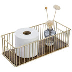 MyGift Modern Brass-Tone Metal Wire Toilet Paper Holder Basket with Rustic Burnt Solid Wood Base, Toilet Tank Topper Organizer Tray Bathroom Sink Counter Toiletries Storage - color: Brass / Burnt Wood