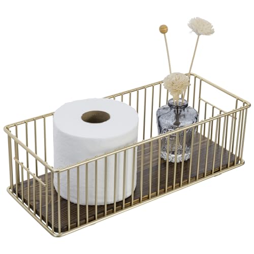 MyGift Modern Brass-Tone Metal Wire Toilet Paper Holder Basket with Rustic Burnt Solid Wood Base, Toilet Tank Topper Organizer Tray Bathroom Sink Counter Toiletries Storage - color: Brass / Burnt Wood