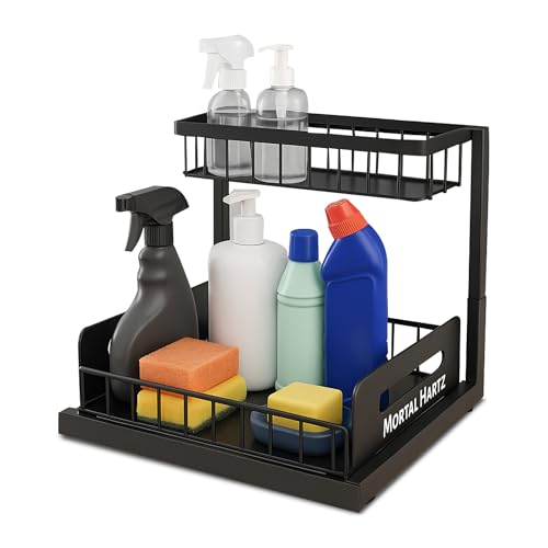 MORTALHARTS Under Sink Organizer – 1 Pack 2-Tier Sliding Storage Rack – Pull-Out Cabinet Organizer with Adjustable Metal Shelf, L-Shaped Design for Kitchen, Bathroom & Laundry Cabinets - color: Black
